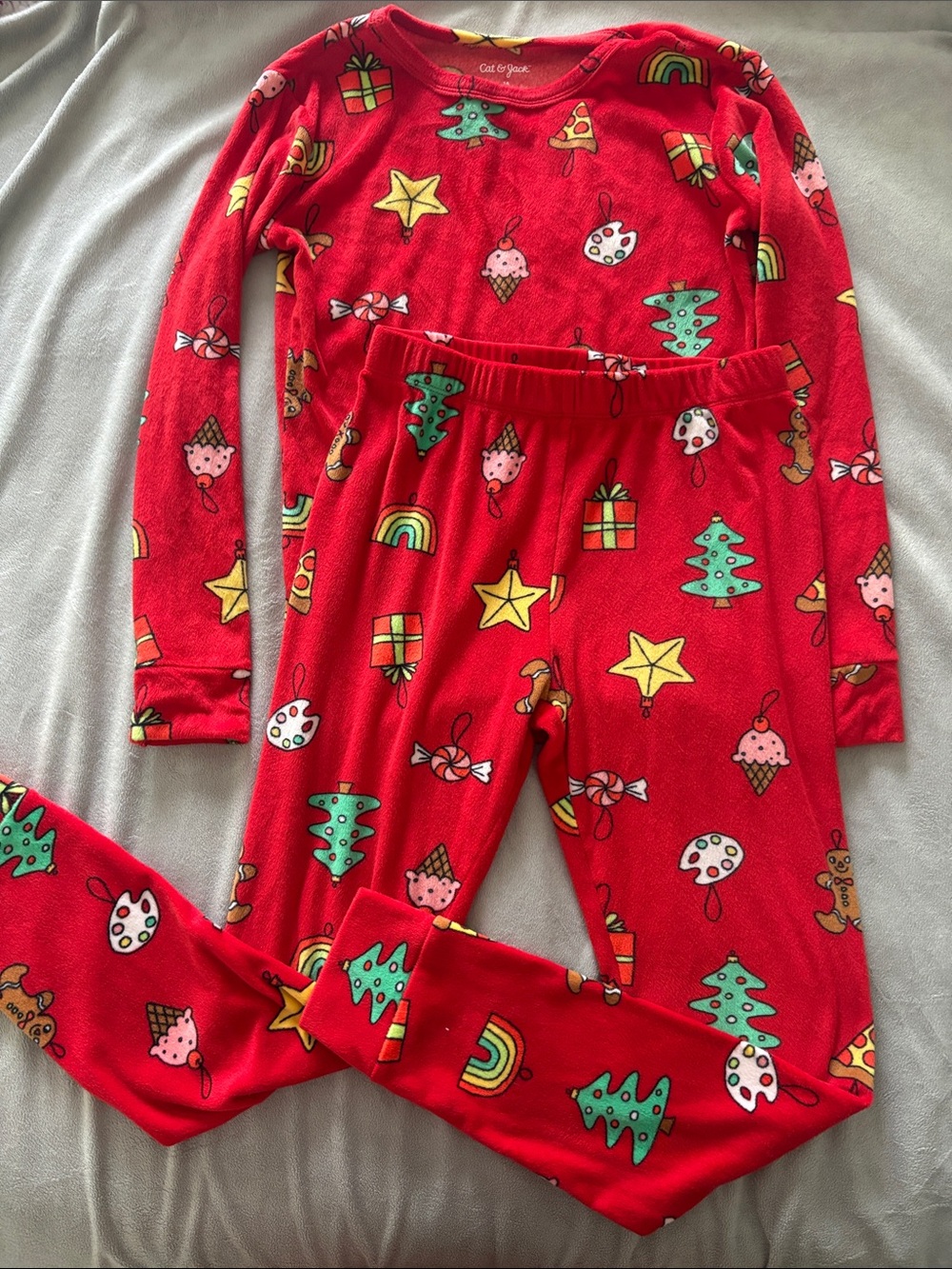 Cat & Jack Red Holiday Print Kids Pajama Set with Green Accents